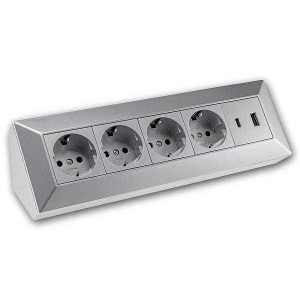 4-fold socket block with 1x USB-A & 1x USB-C | silver