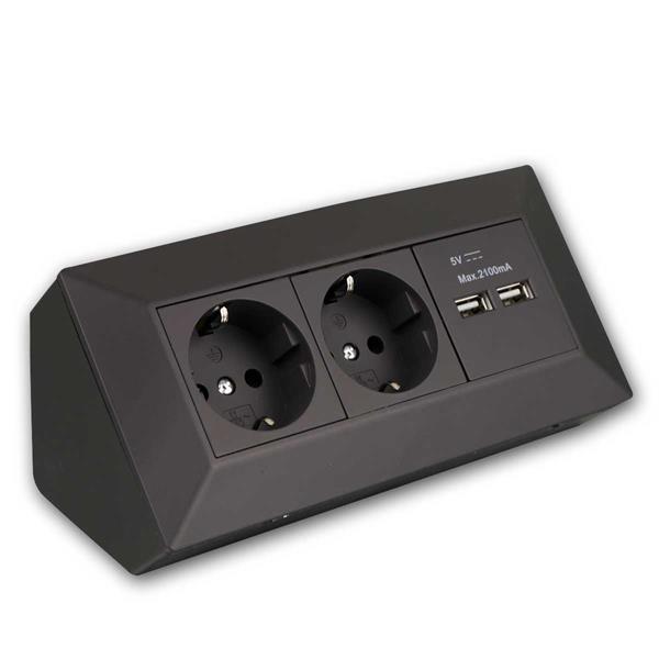 2-fold socket block + 2x USB | black | 250V ~ / 16A