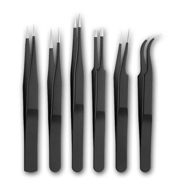 6-piece tweezers set, stainless steel | antistatic, black