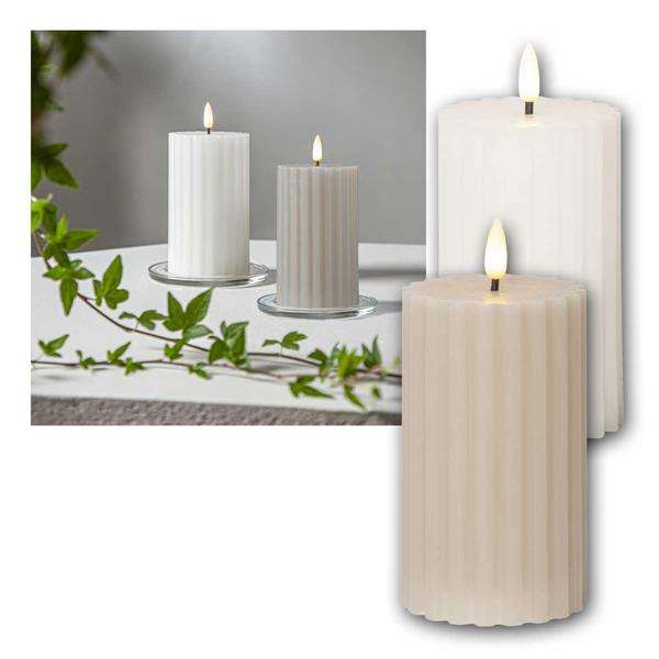 LED pillar candle "STRIPE", timer | set of 2, white & beige