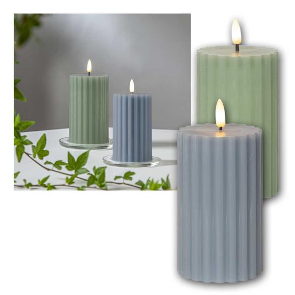 LED pillar candle "STRIPE", timer | set of 2, green & blue