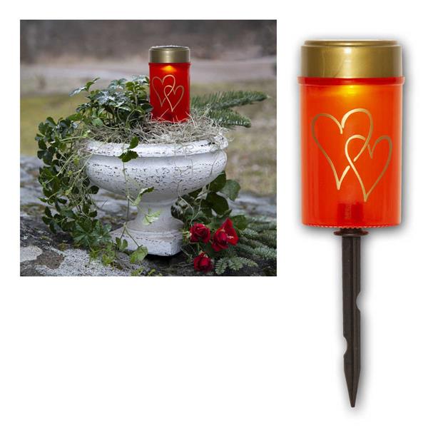 Solar LED memorial candle Heart red | light sensor, set of 2