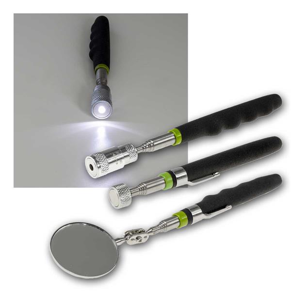 Set of 3 telescopic tools with mirror, LED light and magnet
