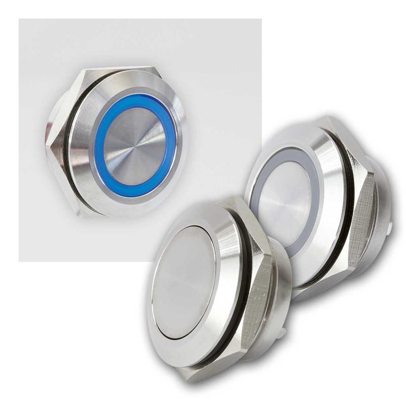 LED-Drucktaster Einbau-Durchmesser 16 mm Tastend, Weiß rostfrei wasserdicht Vandalismus-geschützt Edelstahl mit Ringbeleuchtung 