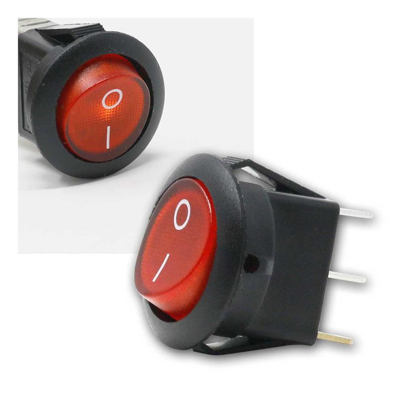 Wippschalter 1-polig, 250V / 6,5A, rot beleuchtet